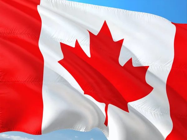 Die Flagge Kanadas Weht Wind Vor Tiefblauem Himmel Hochwertiger Stoff — Stockfoto