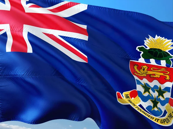 开曼群岛的国旗在风中向深蓝色的天空飘扬 高品质面料 — 图库照片