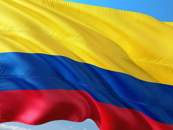 Прапор Колумбії Розмахуючи Вітрі Проти Глибоке Синє Небо Висока Якість — стокове фото