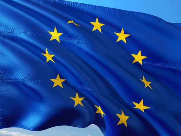 Bandeira União Europeia Acenando Vento Contra Céu Azul Profundo Tecido — Fotografia de Stock