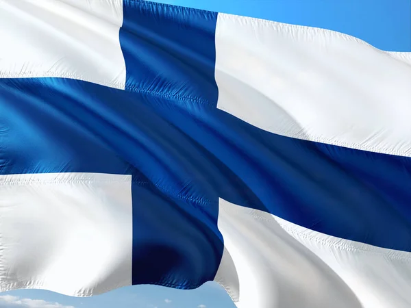 Bandera Finlandia Ondeando Viento Contra Cielo Azul Profundo Tejido Alta — Foto de Stock