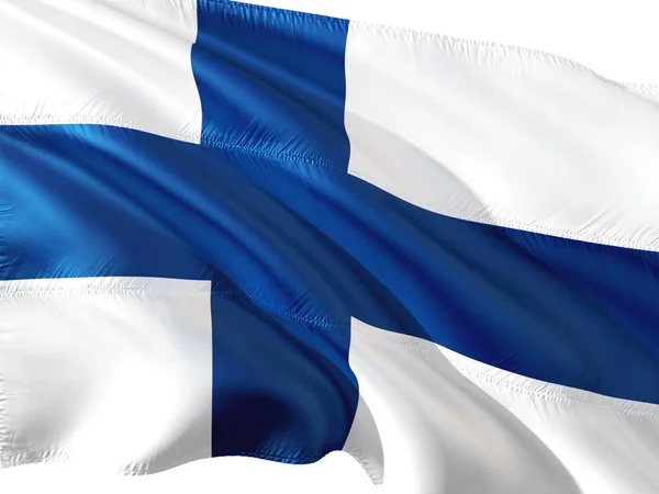 Σημαία Της Φινλανδίας Κουνώντας Στον Άνεμο Απομονωμένες Λευκό Φόντο — Φωτογραφία Αρχείου