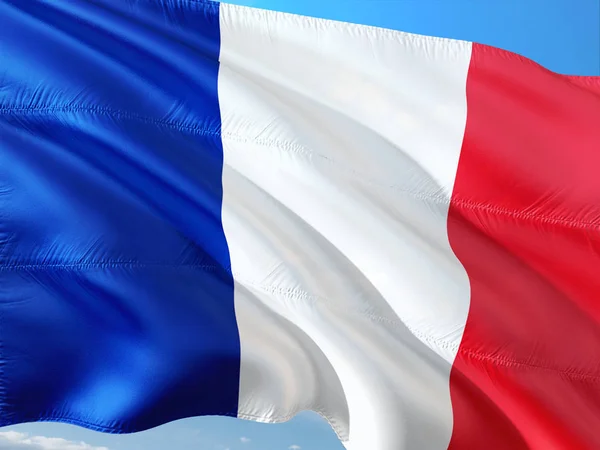 Vlag Van Frankrijk Wuiven Wind Tegen Diep Blauwe Hemel Hoge — Stockfoto