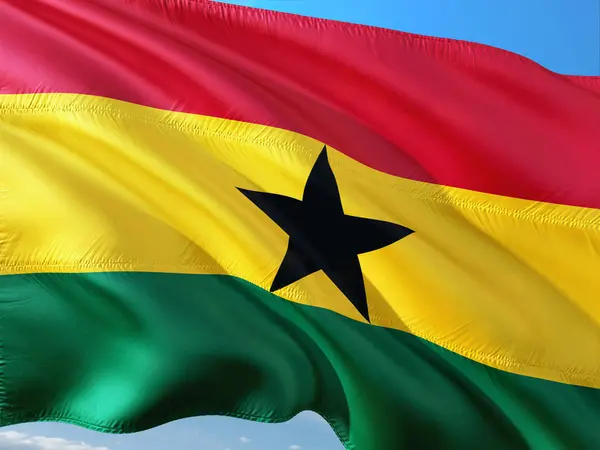 Bandera Ghana Ondeando Viento Contra Cielo Azul Profundo Tejido Alta — Foto de Stock