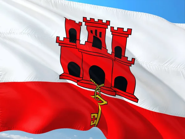 Bandeira Gibraltar Acenando Vento Contra Céu Azul Profundo Tecido Alta — Fotografia de Stock