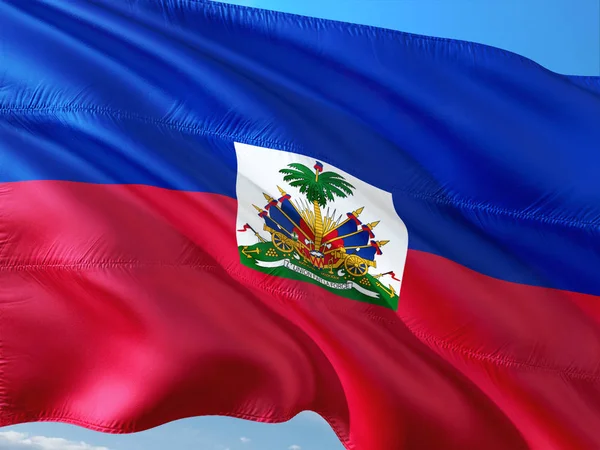 Bandeira Haiti Acenando Vento Contra Céu Azul Profundo Tecido Alta — Fotografia de Stock