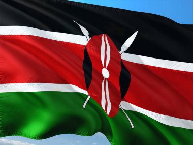 Kenya derin mavi gökyüzü karşı rüzgarda sallayarak bayrak. Yüksek kaliteli kumaş.