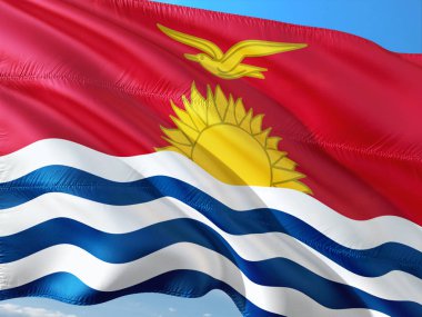 Kiribati derin mavi gökyüzü karşı rüzgarda sallayarak bayrak. Yüksek kaliteli kumaş.