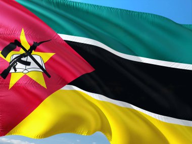 Mozambik derin mavi gökyüzü karşı rüzgarda sallayarak bayrak. Yüksek kaliteli kumaş.