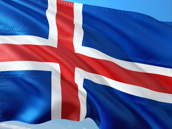 Bandeira Islândia Acenando Vento Contra Céu Azul Profundo Tecido Alta — Fotografia de Stock