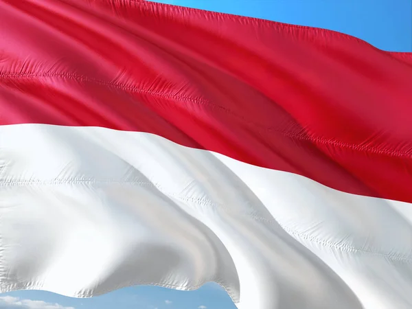 Bandeira Indonésia Acenando Vento Contra Céu Azul Profundo Tecido Alta — Fotografia de Stock
