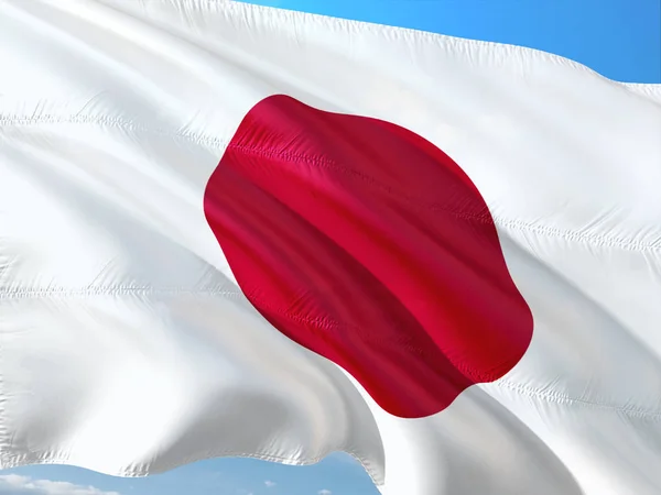 Bandera Japón Ondeando Viento Contra Cielo Azul Profundo Tejido Alta — Foto de Stock