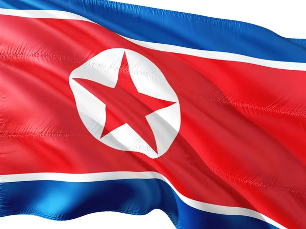 Flag of North Korea waving in the wind, isolated white background.