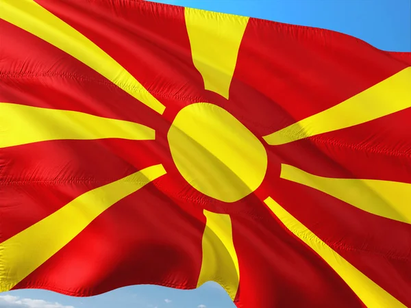 Vlag Van Macedonië Wuiven Wind Tegen Diep Blauwe Hemel Hoge — Stockfoto