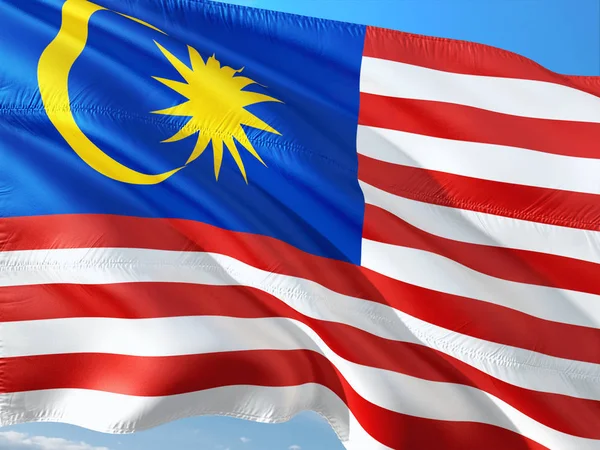 Malezya Derin Mavi Gökyüzü Karşı Rüzgarda Sallayarak Bayrak Yüksek Kaliteli — Stok fotoğraf