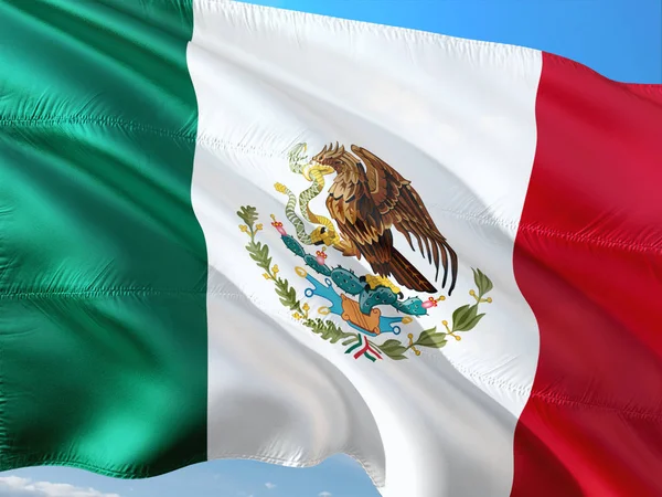 Bandera México Ondeando Viento Contra Cielo Azul Profundo Tejido Alta — Foto de Stock