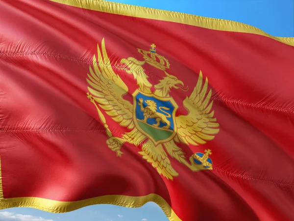 Bandeira Montenegro Acenando Vento Contra Céu Azul Profundo Tecido Alta — Fotografia de Stock