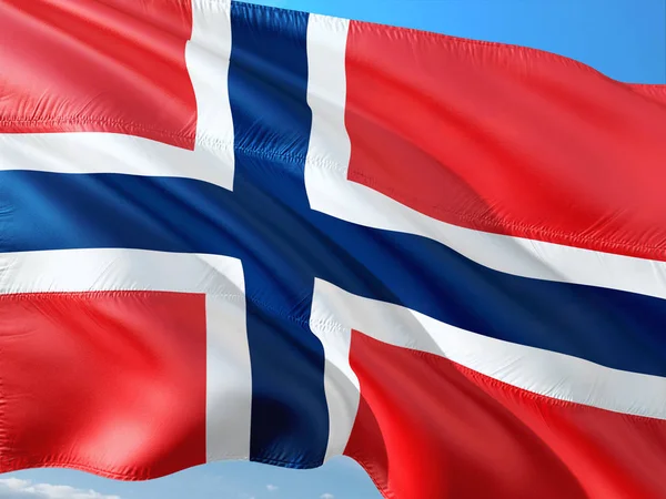 Bandera Noruega Ondeando Viento Contra Cielo Azul Profundo Tejido Alta — Foto de Stock