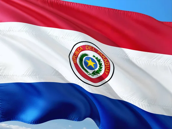 Bandeira Paraguai Acenando Vento Contra Céu Azul Profundo Tecido Alta — Fotografia de Stock