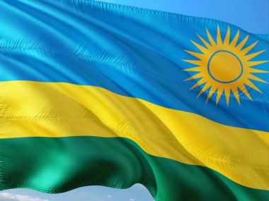 Ruanda derin mavi gökyüzü karşı rüzgarda sallayarak bayrak. Yüksek kaliteli kumaş.