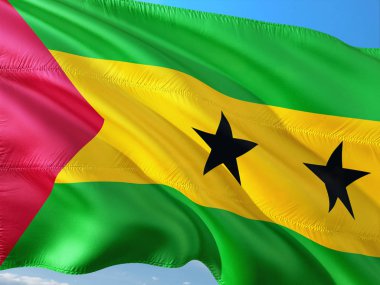 Sao Tome ve Principe derin mavi gökyüzü karşı rüzgarda sallayarak bayrak. Yüksek kaliteli kumaş.