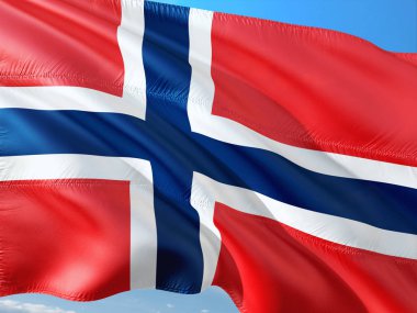 Svalbard ve Jan Mayen derin mavi gökyüzü karşı rüzgarda sallayarak bayrak. Yüksek kaliteli kumaş.