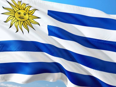 Uruguay derin mavi gökyüzü karşı rüzgarda sallayarak bayrak. Yüksek kaliteli kumaş.