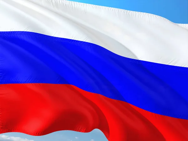 Die Russische Flagge Weht Wind Vor Tiefblauem Himmel Hochwertiger Stoff — Stockfoto