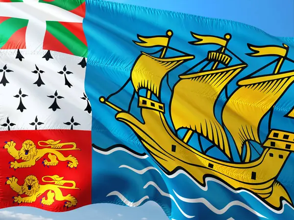 Bandiera Saint Pierre Miquelon Sventola Nel Vento Contro Cielo Blu — Foto Stock