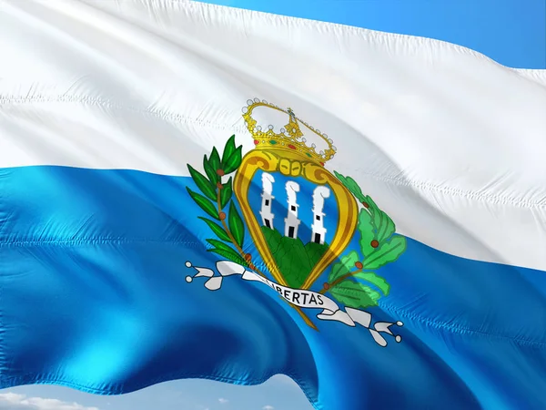 Vlag Van San Marino Wuiven Wind Tegen Diep Blauwe Hemel — Stockfoto