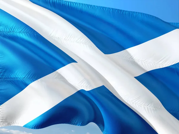 Bandera Escocia Ondeando Viento Contra Cielo Azul Profundo Tejido Alta — Foto de Stock