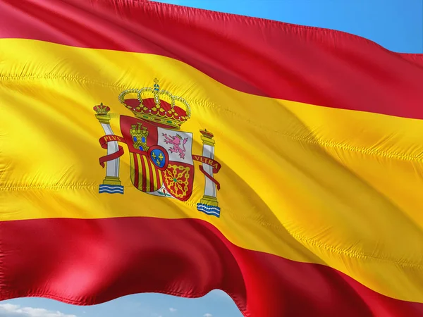 Bandera España Ondeando Viento Contra Cielo Azul Profundo Tejido Alta —  Fotos de Stock