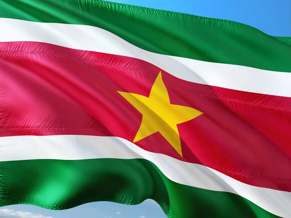 Bandera Surinam Ondeando Viento Contra Cielo Azul Profundo Tejido Alta — Foto de Stock