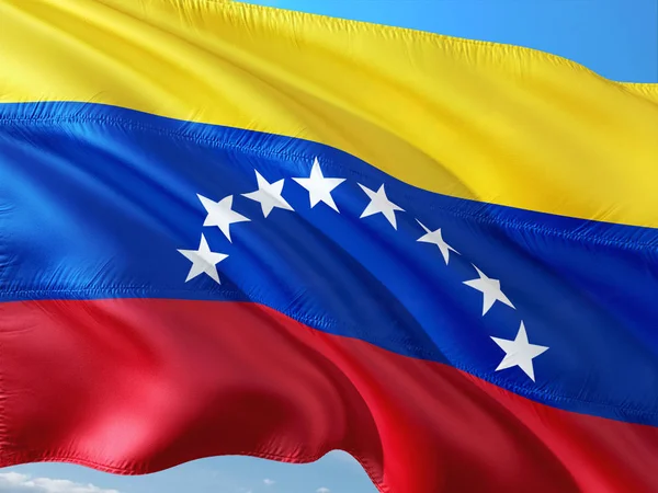Flaga Wenezueli Macha Wietrze Przeciw Błękitne Niebo Wysokiej Jakości Tkanina — Zdjęcie stockowe