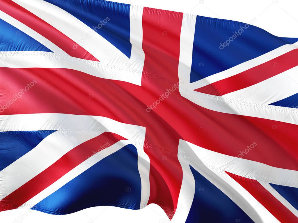 Flag of United Kingdom waving in the wind, isolated white background.