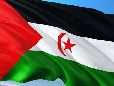 Batı Sahra derin mavi gökyüzü karşı rüzgarda sallayarak bayrak. Yüksek kaliteli kumaş.