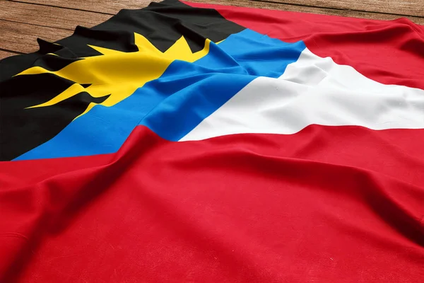Antigua Och Barbudas Flagga Trä Skrivbord Bakgrund Silke Antiguans Barbudans — Stockfoto
