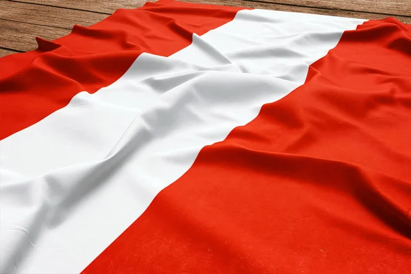 Österrikes Flagga Trä Skrivbord Bakgrund Silk Österrikiska Flaggan Ovanifrån — Stockfoto