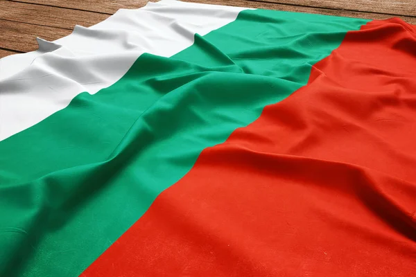 Bandera Bulgaria Sobre Fondo Escritorio Madera Bandera Búlgara Seda Vista — Foto de Stock
