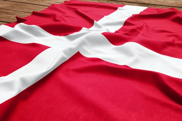 Danmark Flagga Trä Skrivbord Bakgrund Silk Dansk Flagga Ovanifrån — Stockfoto