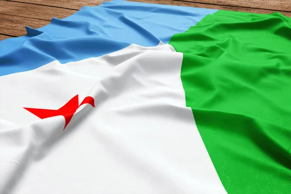 Dzsibuti Zászlaja Asztal Háttér Selyem Zászló Felülnézet — Stock Fotó
