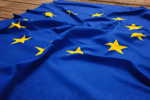 Bandeira União Europeia Sobre Fundo Mesa Madeira Vista Superior Bandeira — Fotografia de Stock