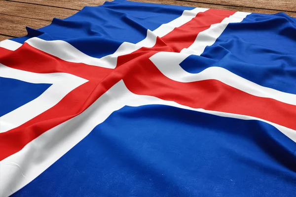 Islands Flagga Trä Skrivbord Bakgrund Silk Islänning Flagga Ovanifrån — Stockfoto