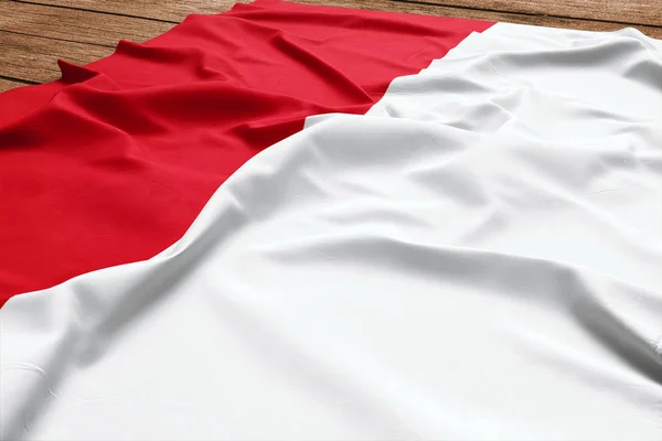 Bandera Indonesia Sobre Fondo Escritorio Madera Bandera Seda Indonesia Vista — Foto de Stock