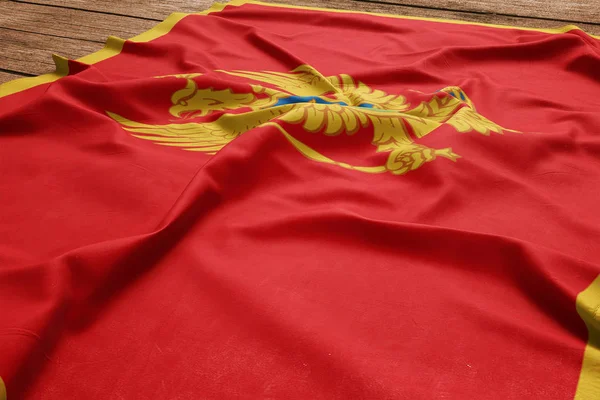 Bandeira Montenegro Fundo Mesa Madeira Vista Superior Bandeira Seda Montenegrina — Fotografia de Stock