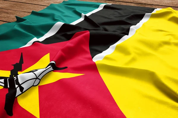 Flagge Von Mosambik Auf Einem Hölzernen Tischhintergrund Seide Mosambikanische Flagge — Stockfoto