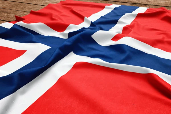 Bandera Noruega Sobre Fondo Escritorio Madera Bandera Noruega Seda Vista — Foto de Stock