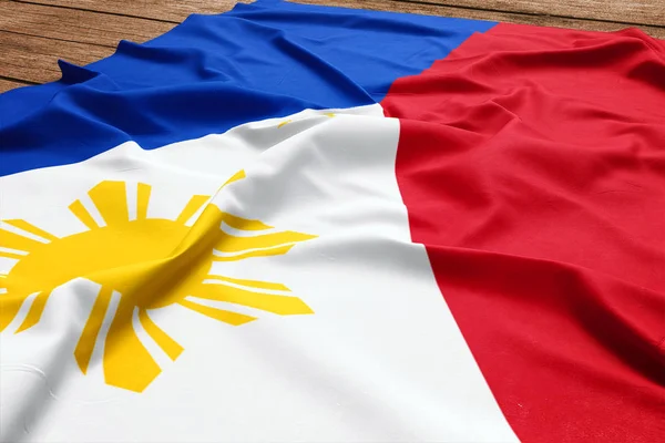 菲律宾国旗在木制的办公桌背景 丝绸菲律宾国旗顶视图 — 图库照片