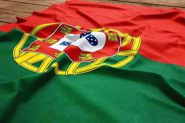 Flag Portugal Wooden Desk Background Silk Portuguese Flag Top View — Stock Photo, Image