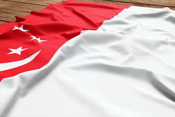 Flagga Singapore Trä Skrivbord Bakgrund Silk Singaporianska Flagga Ovanifrån — Stockfoto